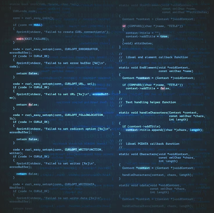 coding - blue words and symbols on a dark blue computer screen