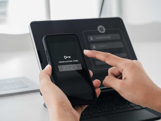 A man holds a smartphone with a code for a password